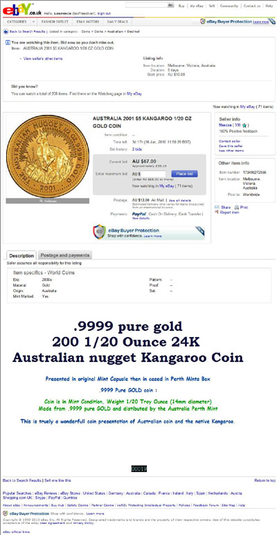 9bazza eBay Listing Using our 2001 Australian Half Ounce Gold Kangaroo Nugget Reverse Photograph Photograph